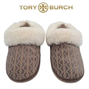 Tory Burch Signature Belding Leather Shearling Slippers
